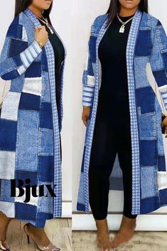 The Cowboy Blue Print Patchwork Cardigan Collar Plus Size Overcoat - A Stylish and Versatile Outerwear Option Blue Patchwork Long Sleeve Outerwear, Casual Long Patchwork Cardigan, Spring Patchwork Long Sleeve Cardigan, Blue Long Cotton Outerwear, Long Blue Cotton Outerwear, Casual Long Blue Outerwear, Long Patchwork Cardigan For Layering, Spring Long Coat Outerwear With Patchwork, Long Patchwork Outerwear For Layering