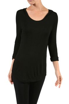 Hooded 3/4 Sleeve Hi-Low Knit Top Open Shoulder Tops, Tunic Tops, Knitting, Long Sleeve