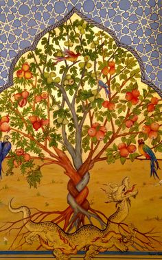 an intricately painted tree with birds and animals in the foreground, surrounded by fruit trees