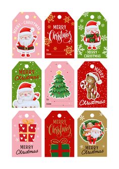 six christmas gift tags with santa claus and other holiday items on them, all in different colors