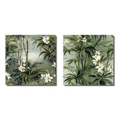 two paintings with white flowers and green leaves