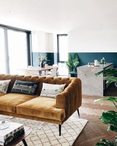 a living room filled with lots of furniture and plants on top of wooden flooring