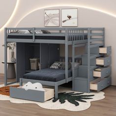 a loft bed with stairs is shown in this room