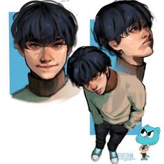 three different pictures of a boy with black hair