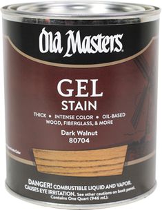 a can of old masters gel stain in dark walnut, with white lettering on the side