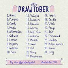 a drawing of a list with numbers and words on it that say drawtober