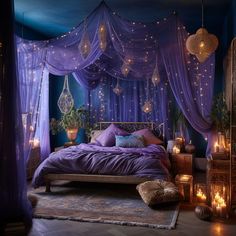 a bedroom decorated in purple and blue with lots of lights