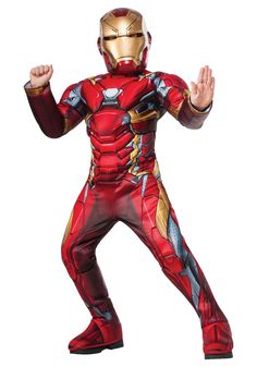 a man in a red and gold ironman costume is standing with his arms out