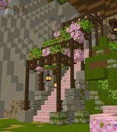 the interior of a minecraft house with pink flowers and trees on the outside wall