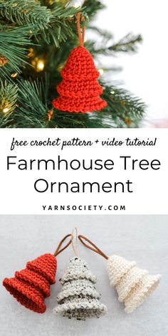 crochet christmas tree ornament with text overlay that reads free crochet pattern video tutor farmhouse tree ornament