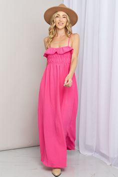 This bright maxi dress is perfect for any occasion this season. The dress features a smocked bust that is not only comfortable but also stylish, hugging your curves in all the right places. The ruffle detail adds a touch of feminine flair and elegance to the dress, making it perfect for a summer wedding or a romantic d Long Pink Dress Casual, Bright Maxi Dress, White Birch, Pink Maxi, Fall Skirts, Pink Maxi Dress, Fuchsia Pink, Flowy Skirt, Plus Dresses