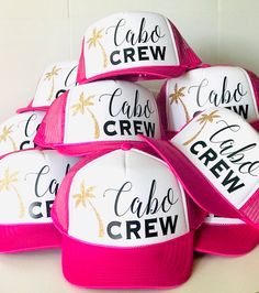 Cabo Crew Trucker Hat in Hot Pink and White *this is an adult size trucker hat I welcome custom requests ~ please convo me to work out your own design! :: Hat Details :: - 100% Polyester Front - 100% Nylon Mesh Back - 5-panel cap - Seamless Foam Front Panel with Lining - Matching Mesh Color Braid - 8 Rows Stitching on Visor - Matching Fabric Undervisor - Matching Color Sweatband - Plastic Adjustable Snap Group Hats, Group Vacation Ideas, Party Favor Gifts, Cabo Vacation, Group Vacation, Vacation Birthday, Vacation Hat, Favor Gifts, Bachelorette Party Beach