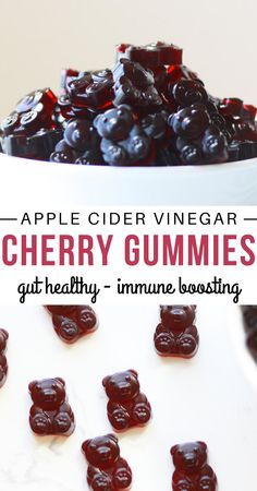 a white bowl filled with cherries and the words apple cider vinegar gummies