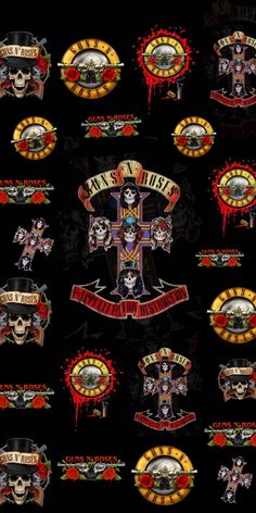 a bunch of badges with skulls and crosses on them, all in different colors or designs