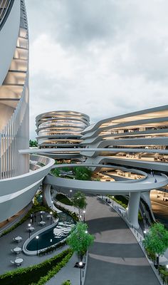 an artist's rendering of a futuristic building with curved walkways and trees in the foreground