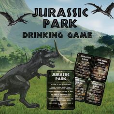 an image of a dinosaur drinking game in the grass with dinosaurs flying over it and text that reads,'jurassic park drinking game '