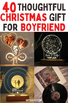 various christmas gifts for boyfriends with the words 40 thoughtful christmas gift ideas for boyfriend