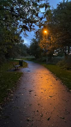 a bench sitting on the side of a road next to a street light at night