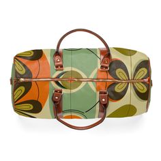 Jet set in psychedelic style with this retro 1960s inspired daisy duffel bag. Featuring a bold floral print in mod colors, this groovy weekender carry-on pops with flower power vibes. Expertly crafted from high grade materials with leather accents, this 20" × 12'' × 9" overnight bag is ideal for quick trips and weekend getaways. The vibrant daisy pattern and geometric details give this hip bag far out old school flair. Pack in peace and travel back to the age of free love with this funky floral Retro Green Shoulder Bag With Large Capacity, Retro Multicolor Bags With Zipper Closure, Retro Green Tote Bag, Retro Multicolor Bag With Large Capacity, Retro Multicolor Large Capacity Bag, Retro Travel Bag With Zipper Closure, Retro Rectangular Bag With Zipper Closure, Retro Shoulder Bag With Zipper Closure, Vintage Multicolor Bag With Zipper Closure