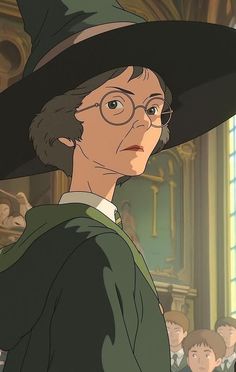 an animated image of harry potter in front of a group of people wearing glasses and hats