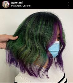 Purple Hair Green Highlights, Purple Green Hair Short, Purple Hair Green Money Piece, Green Hair Bangs