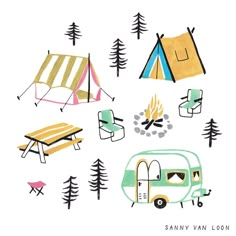 an image of camping items with trees and camper tents in the background on a white background