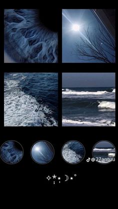 an image of the ocean with waves and sun in it's center, as well as other images