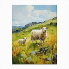 a painting of two sheep in a grassy field