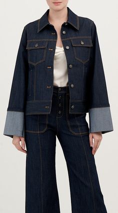 Wide cuff jacket. 77% Cotton 21% Polyester 2% Elastane Luxury Indigo Denim Jacket For Fall, Modern Outerwear With Ribbed Cuffs, Luxury Classic Denim Jacket With Button Cuffs, Luxury Casual Indigo Denim Jacket, Luxury Fitted Indigo Outerwear, Luxury Casual Garment-dyed Denim Jacket, Short Loungewear, Classic Wardrobe, Wide Cuff