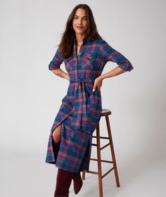 Cotton Midi Joni Shirtdress Blue Multi Plaid | UNTUCKit Flannel Men, Cotton Shirt Dress, Flowing Skirt, Shirtdress, Brushed Cotton, Holiday Dresses, Women Collection, Shirt Shop, New Dress