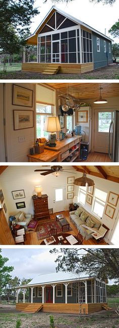 four different pictures show the inside and outside of a house, including an open floor plan