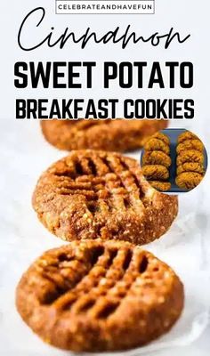 cinnamon sweet potato breakfast cookies are stacked on top of each other with text overlay