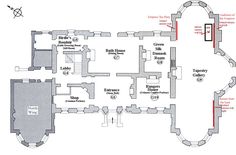 the floor plan for an old castle, with all its rooms and floors marked in red