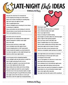 the late night date ideas for valentine's day is shown in this printable