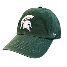 An angled view of a dark green ball cap with a white Michigan State spartan helmet logo embroidered on the center face of the hat. On the left temple panel is a white embroidered '47 logo Green Baseball Cap, Green Hat, Green Hats, White Embroidery, Fitted Hat, Brushed Cotton, Fitted Hats, Item Number, Forest Green