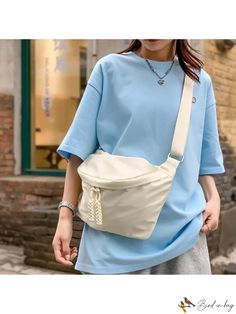 BirdinBag - Waterproof Nylon Oversized Fanny Pack - Sleek Minimalist Design Casual Beige Belt Bag With Pockets, Casual Belt Bag For School, Casual Beige Belt Bag Shaped As Shoulder Bag, Casual Beige Belt Bag As Shoulder Bag, Casual Beige Belt Bag With Large Capacity, Beige Casual Shoulder Belt Bag, Casual Beige Shoulder Belt Bag, White Large Capacity Casual Belt Bag, Casual White Nylon Shoulder Bag