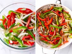 two pictures side by side one has peppers and the other has onions