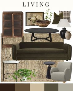 the living room is decorated in shades of brown, green and beige with neutral accents