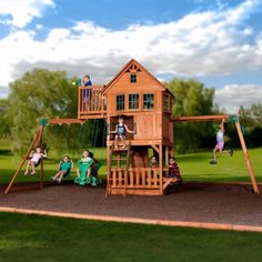 children playing on a wooden swing set