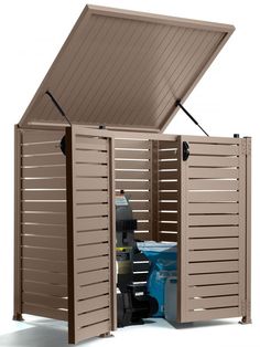 an outdoor storage shed with its doors open and the roof opened to reveal it's contents