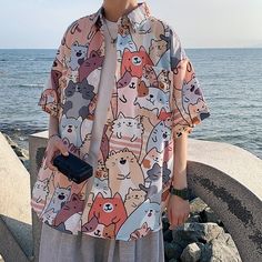 'Thousand Happy Cats' Shirt Modele Zentangle, Graphic Cardigan, Mens Beach Shirts, Summer Hawaii, Kawaii Shirts, Cardigan Casual, Animal Cat, Cooler Look, Japan Style