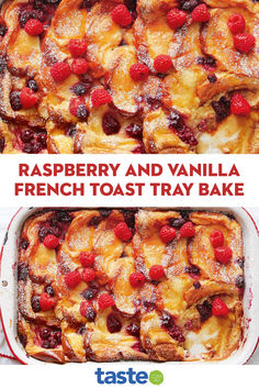 raspberry and vanilla french toast tray bake is shown in two different images