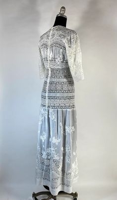 Antique Edwardian 1890s-1900s Intricate Pieced Lace, Embroidered Butterflies Wedding Dress Gown - Etsy White Bohemian Gown With Intricate Embroidery, Bohemian White Gown With Intricate Embroidery, Traditional Lace Trim Dresses For Wedding, Traditional Lace Maxi Dress For Wedding, Intricate Embroidery Lace Wedding Dress, Bohemian Gown With Intricate Embroidery, Formal Embroidered Lace Dress, Traditional Fitted Lace Maxi Dress, Embroidered Lace Floor-length Maxi Dress