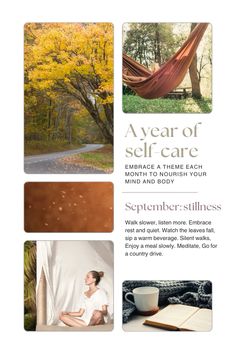 A year of self care,September,stillness, nourish body and mind,rest and quiet, science of essentials Self Care September, Yoga Profile, Yoga Web, Cycle Tracking, Feminine Business, Simple Living Lifestyle, Body And Mind, Slow Living, Natural Living