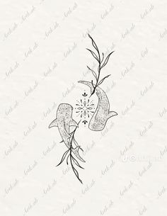 an ink drawing of two birds on a branch with leaves and flowers in the background