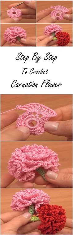 instructions to crochet a pink donut with green leaves and flowers on it