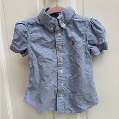 New Without Tags, Never Worn Cute Blue Button-up Shirt, Cute Blue Collared Shirt, Cute Fitted Blue Shirt, Fitted Casual Shirt For Playtime, Cute Blue Collared Top, Short Sleeve Shirt With Button Closure For Playtime, Cute Blue Button-up Top, Fitted Tops With Buttons For Playtime, Ralph Lauren Blue Top With Buttons