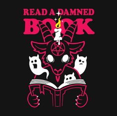 an image of a demon reading a book with cats and candles on top of it