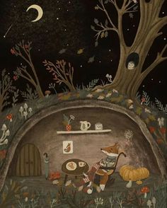 a painting with an animal and cat in the woods at night, under a tree