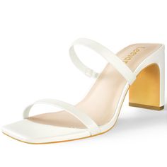 a white high heeled sandal with an ankle strap and two straps on the front